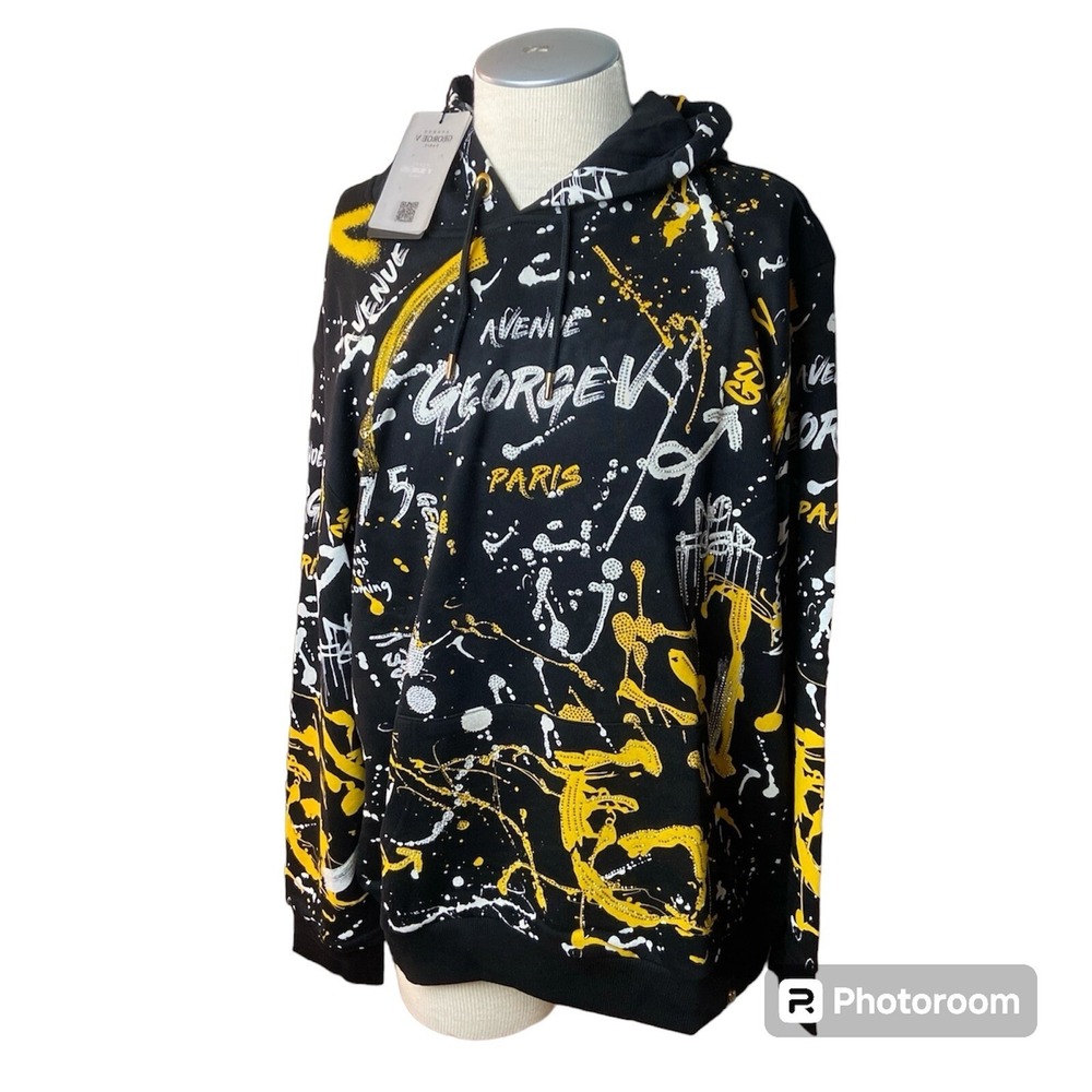 George V Paris Hoodie GV-249 4XL Mens Black Gold Splatter Pullover Sweatshirt